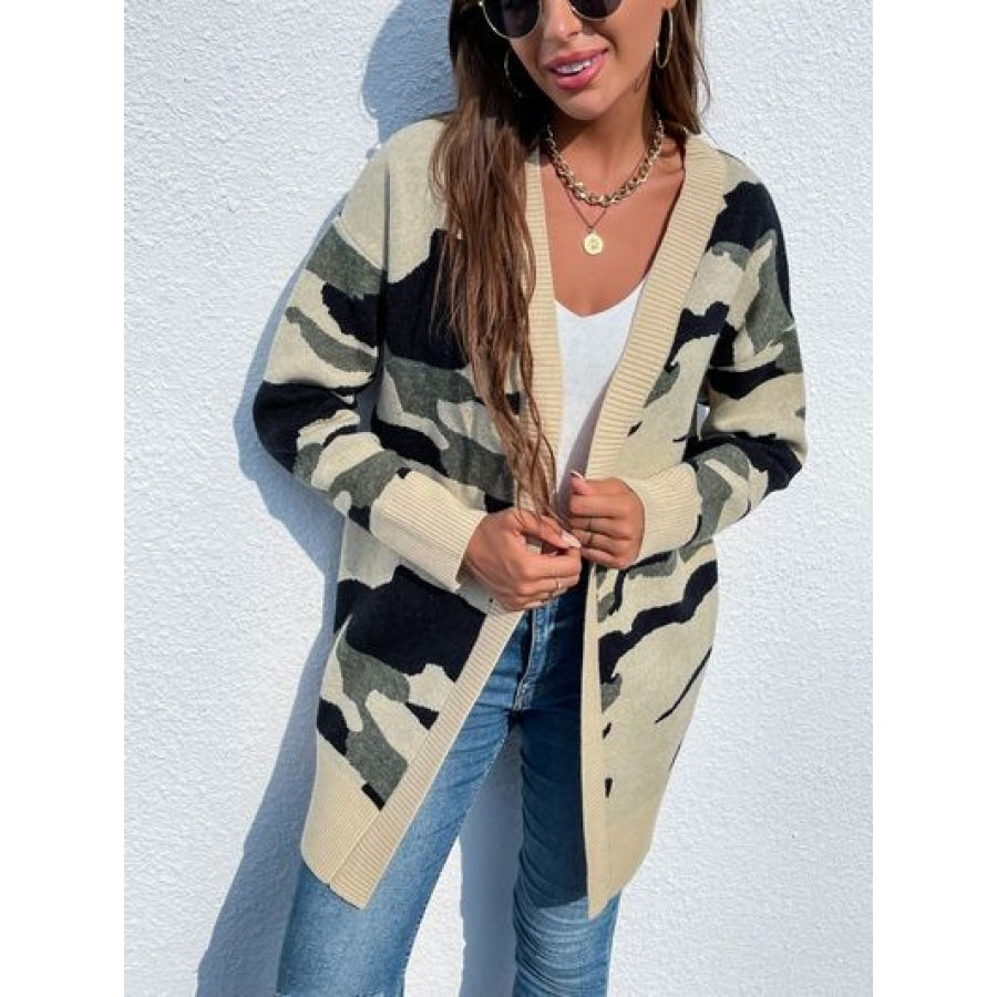 Camouflaged Dropped Shoulder Open Front Cardigan Clothing