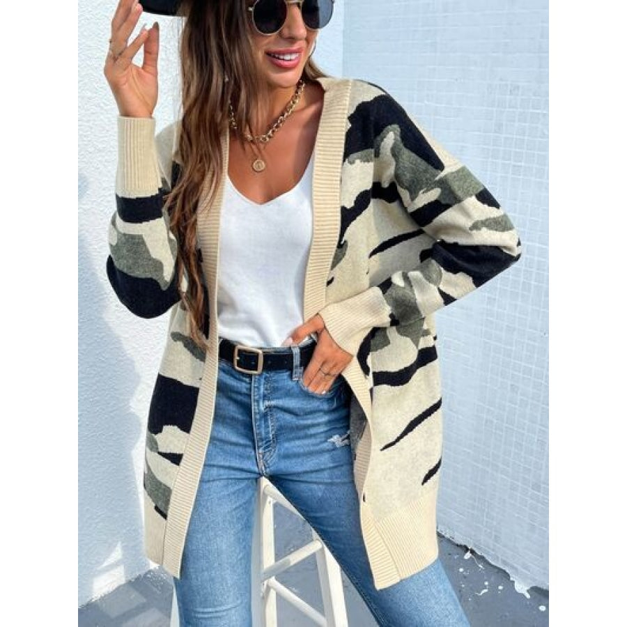 Camouflaged Dropped Shoulder Open Front Cardigan Green Camouflage / S Clothing