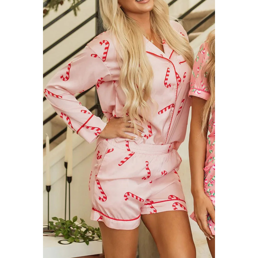 Candy Cane Collared Neck Long Sleeve Top and Shorts Lounge Set Apparel and Accessories