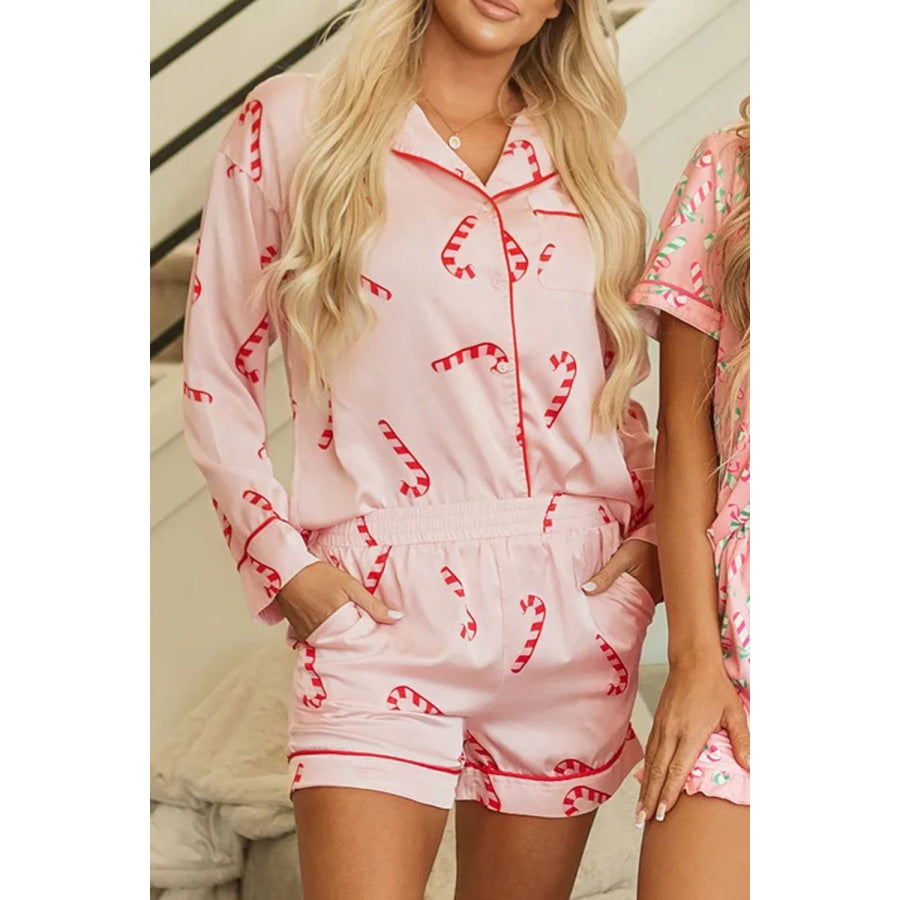 Candy Cane Collared Neck Long Sleeve Top and Shorts Lounge Set Apparel and Accessories