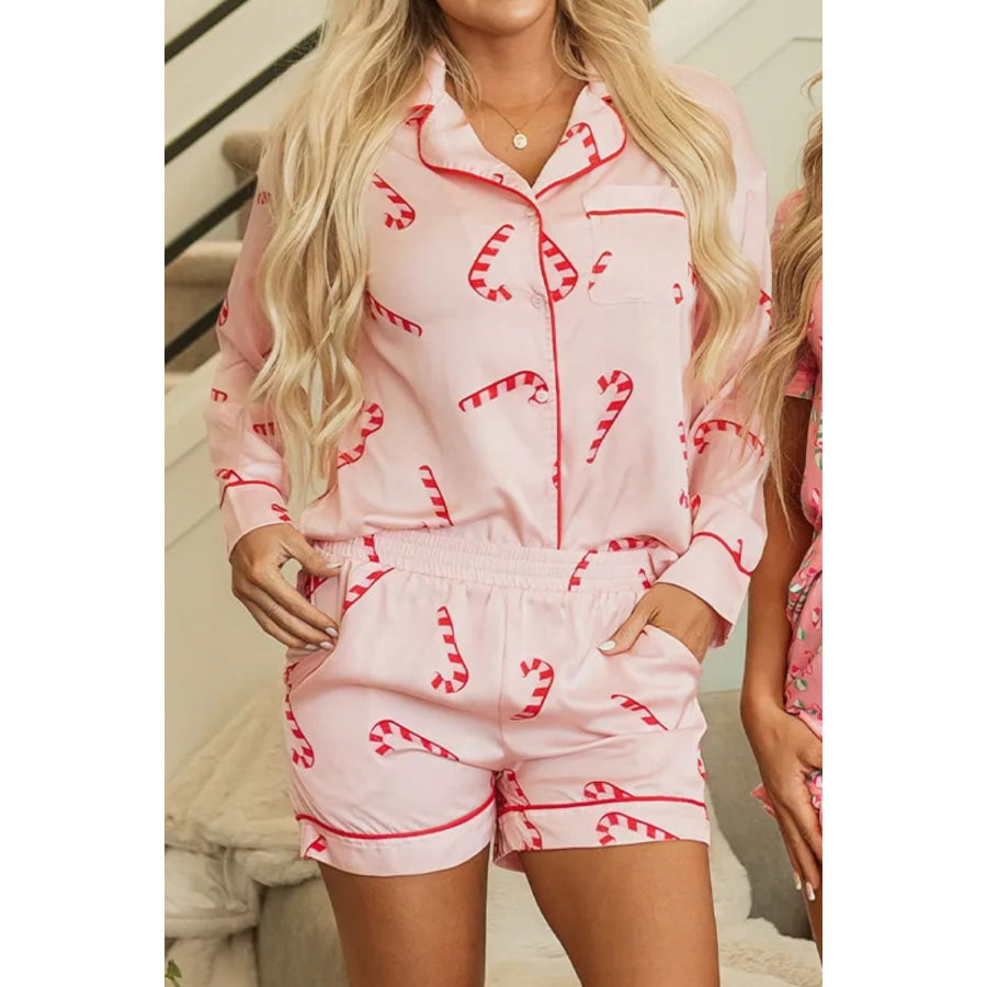 Candy Cane Collared Neck Long Sleeve Top and Shorts Lounge Set Blush Pink / S Apparel and Accessories