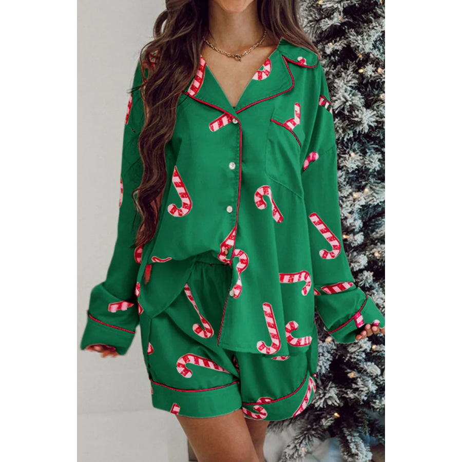 Candy Cane Collared Neck Long Sleeve Top and Shorts Lounge Set Dark Green / S Apparel and Accessories