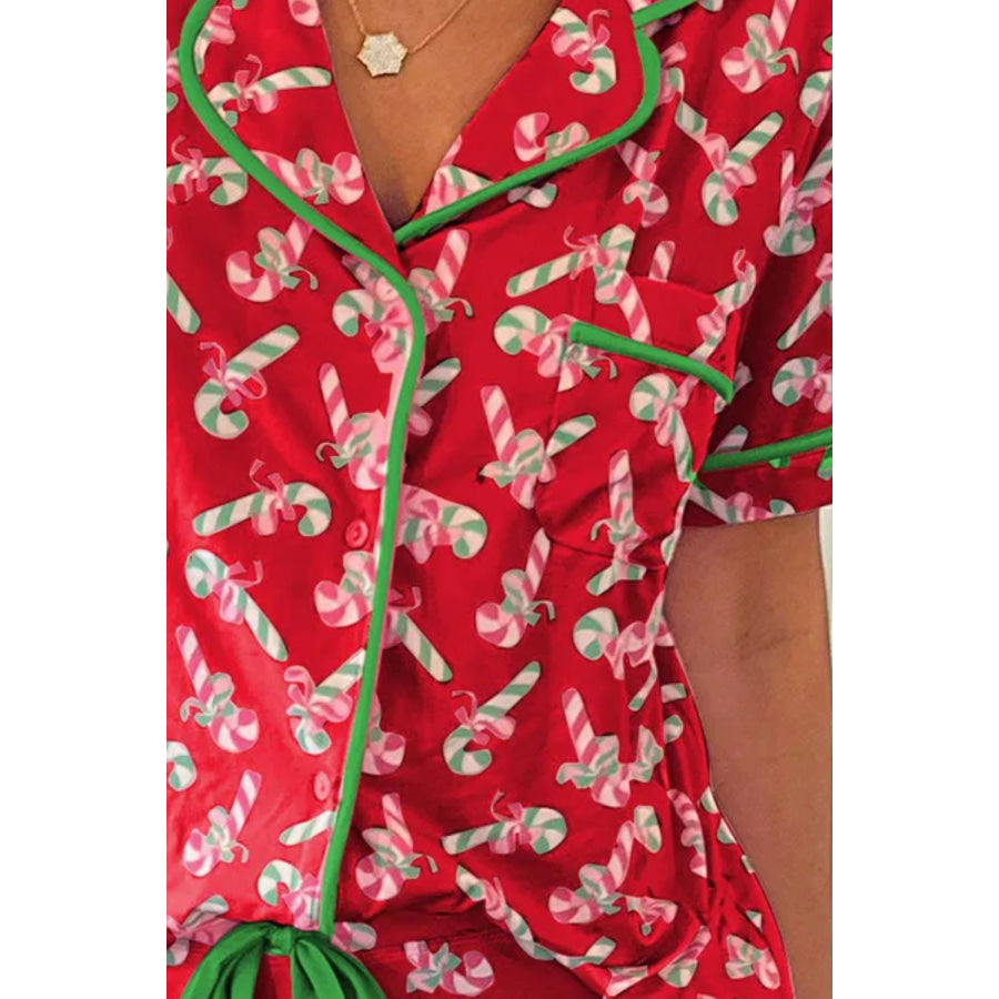 Candy Cane Collared Neck Top and Shorts Lounge Set Apparel and Accessories