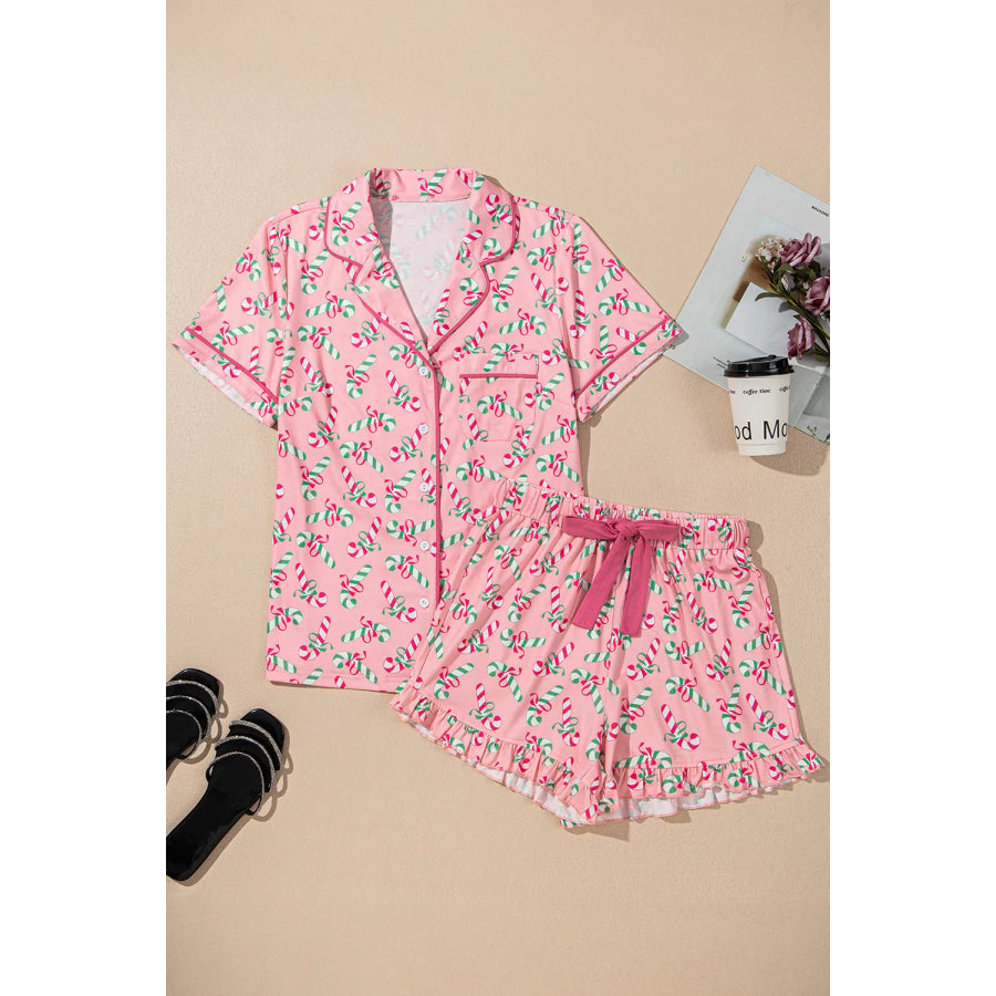 Candy Cane Collared Neck Top and Shorts Lounge Set Apparel and Accessories