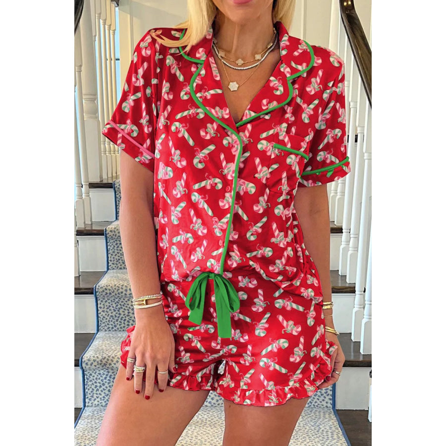 Candy Cane Collared Neck Top and Shorts Lounge Set Deep Red / M Apparel and Accessories