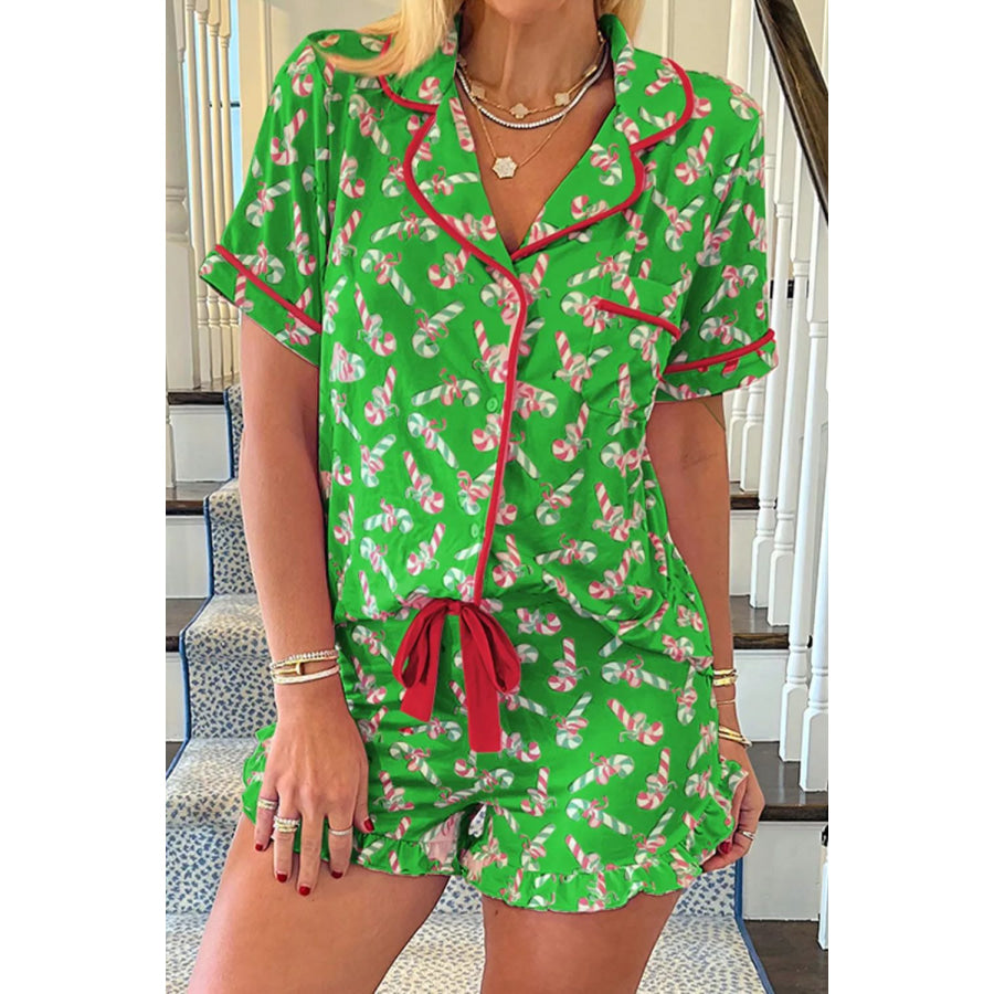 Candy Cane Collared Neck Top and Shorts Lounge Set Green / 2XL Apparel and Accessories