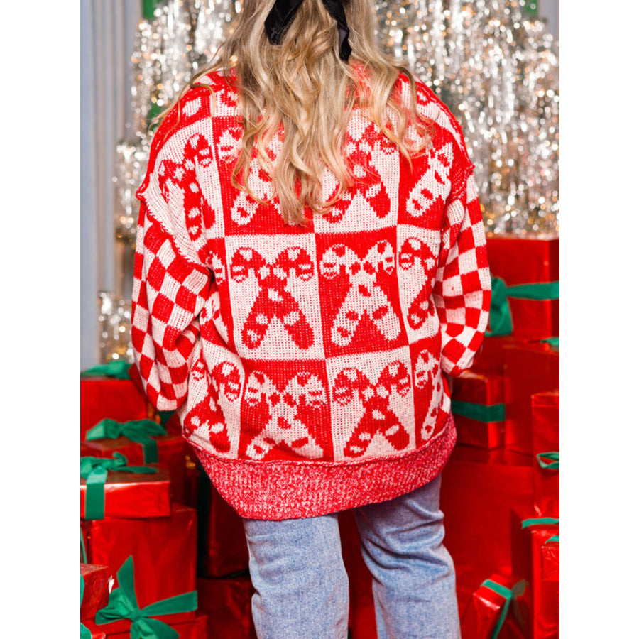 Candy Cane Contrast Round Neck Sweater Apparel and Accessories