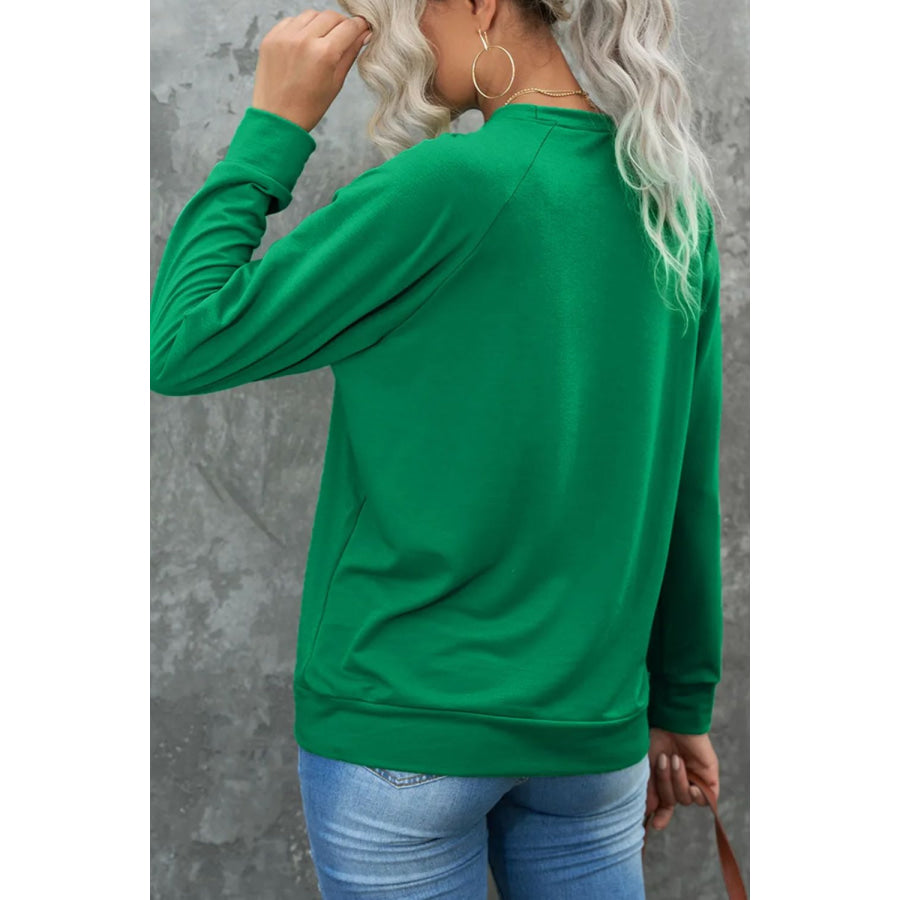 Candy Cane Round Neck Long Sleeve Sweatshirt Dark Green / S Apparel and Accessories