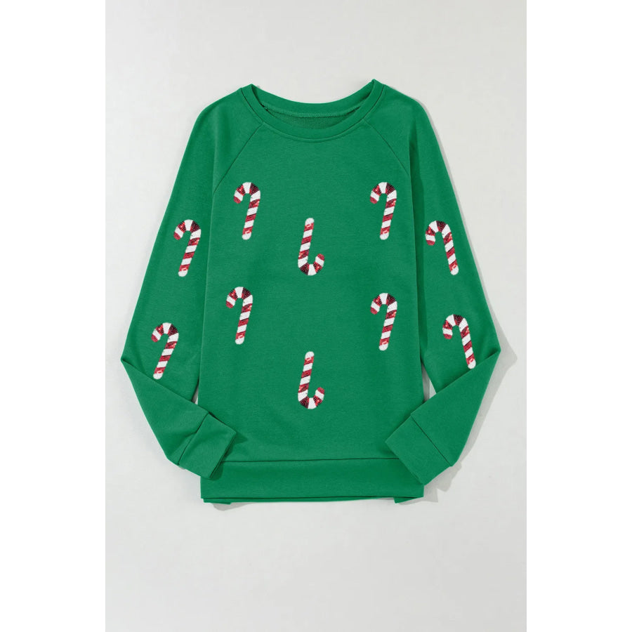 Candy Cane Round Neck Long Sleeve Sweatshirt Apparel and Accessories