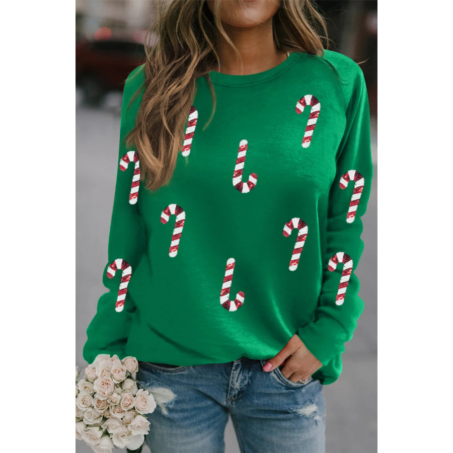 Candy Cane Round Neck Long Sleeve Sweatshirt Dark Green / S Apparel and Accessories