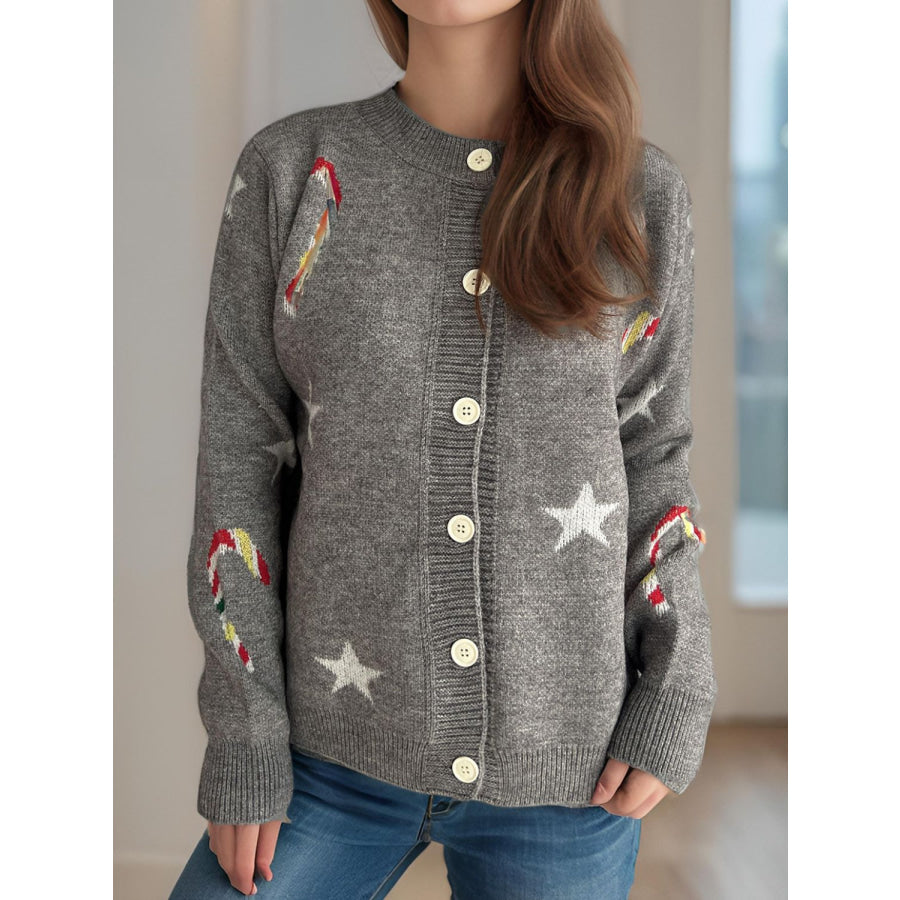 Candy Cane &amp; Star Button Down Long Sleeve Cardigan Apparel and Accessories