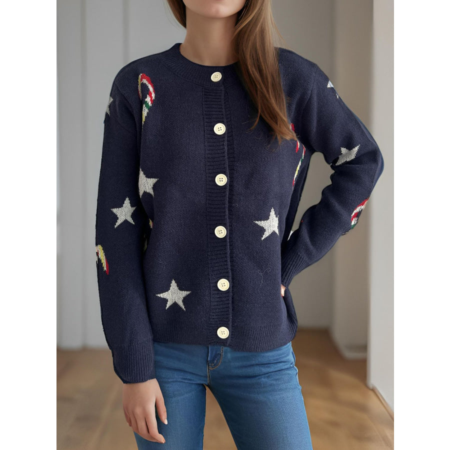 Candy Cane &amp; Star Button Down Long Sleeve Cardigan Apparel and Accessories