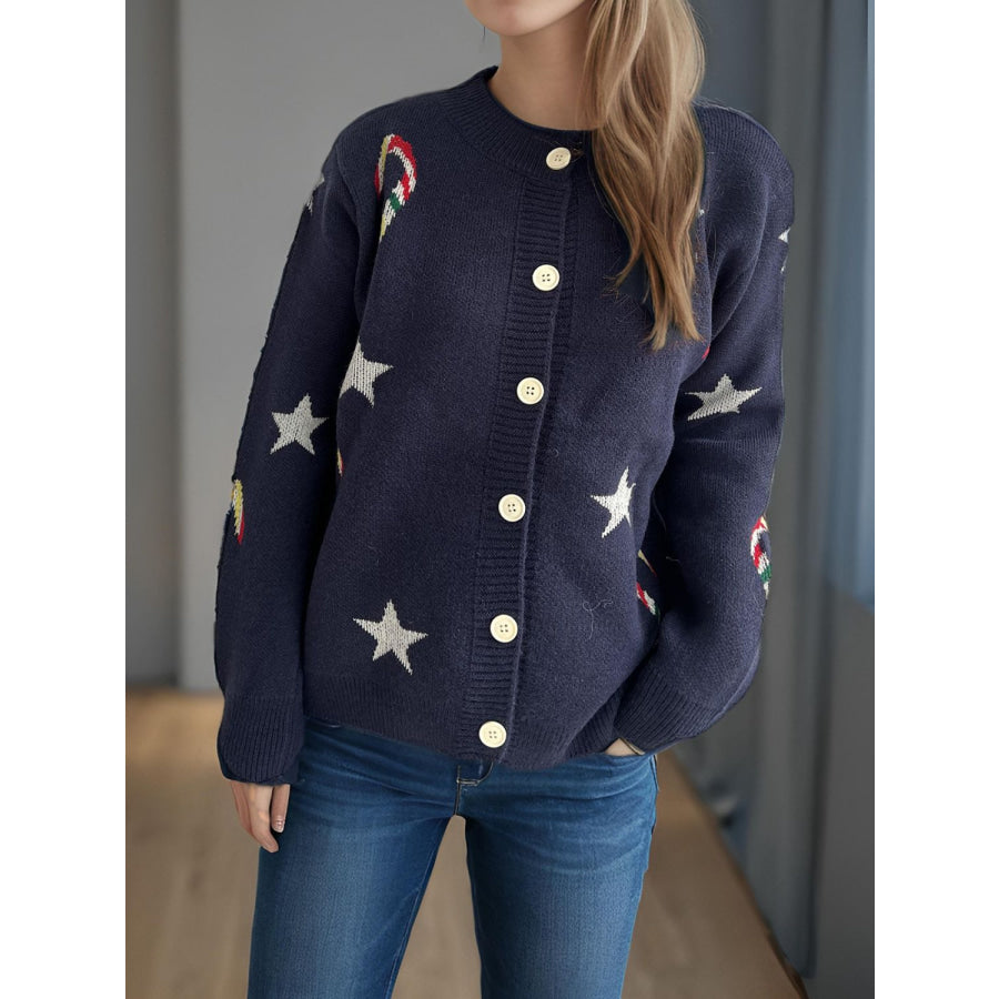 Candy Cane &amp; Star Button Down Long Sleeve Cardigan Apparel and Accessories