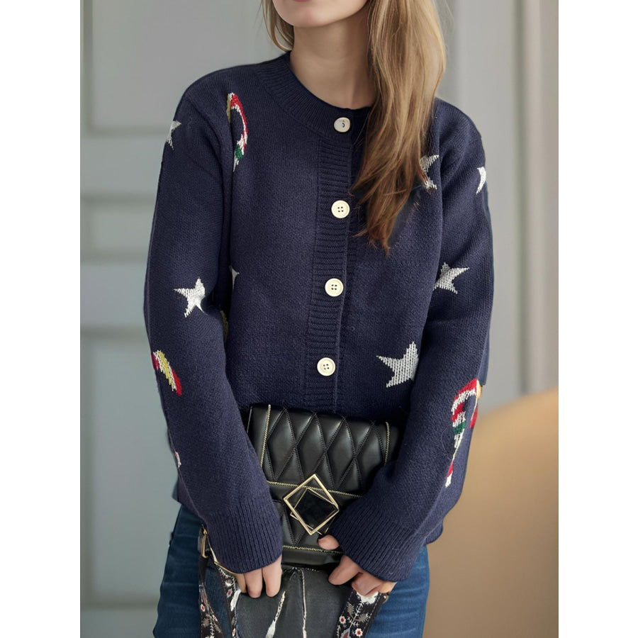 Candy Cane &amp; Star Button Down Long Sleeve Cardigan Dark Blue / One Size Apparel and Accessories