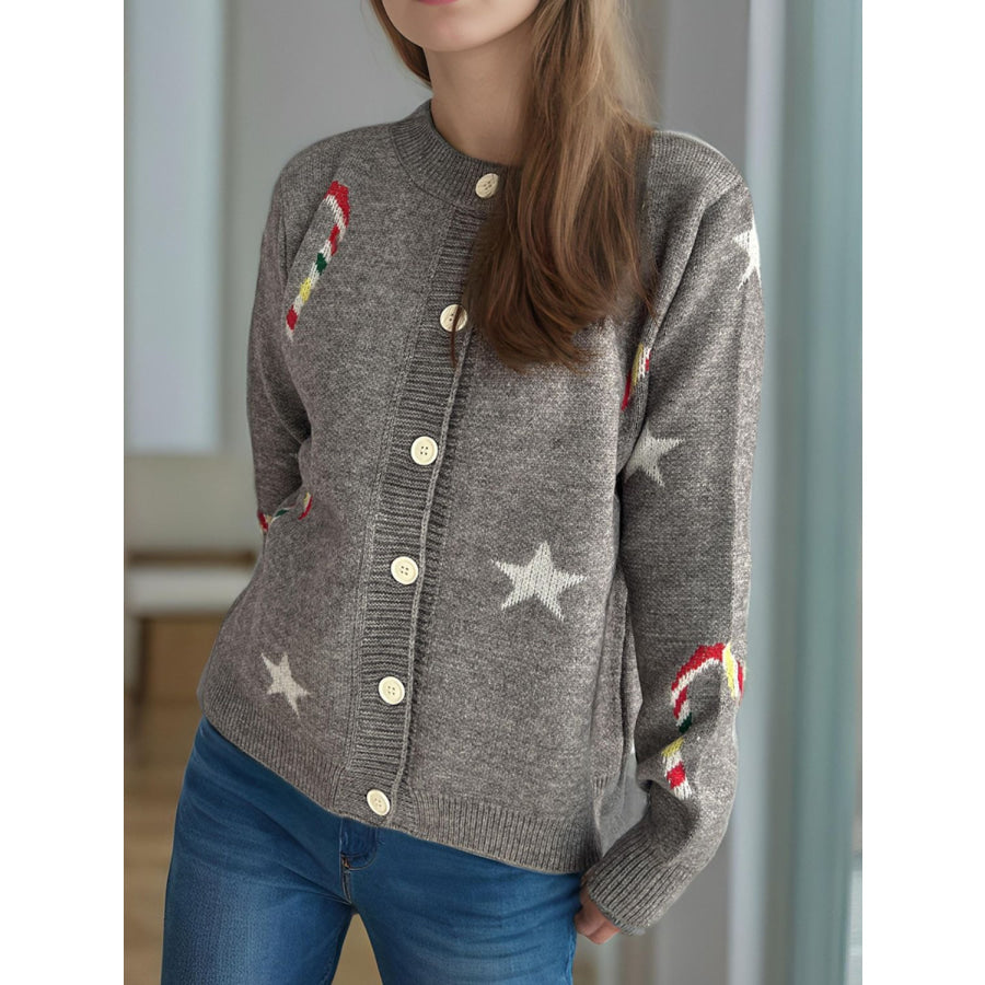 Candy Cane &amp; Star Button Down Long Sleeve Cardigan Dark Gray / One Size Apparel and Accessories