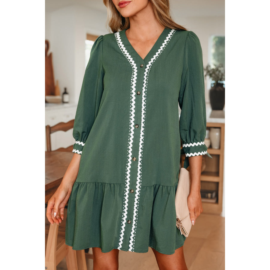 Canton Contrast Ricrac Trim Button V Neck Knotted Bracelet Sleeve Shift Dress Dresses/Mini Dresses