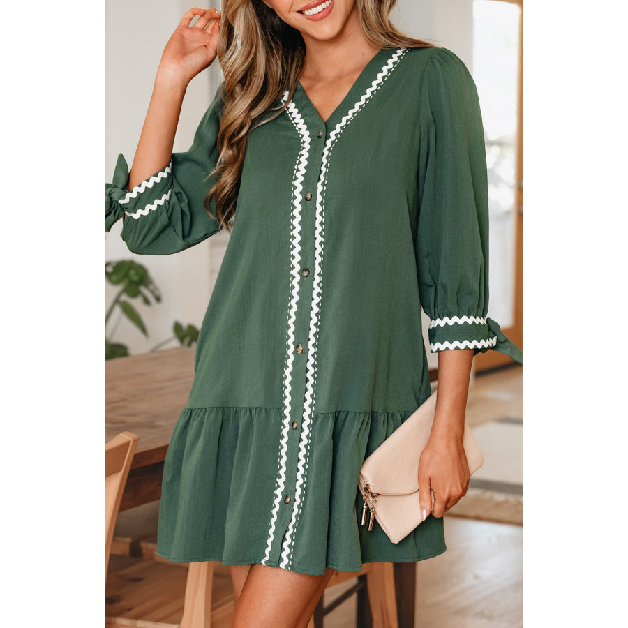 Canton Contrast Ricrac Trim Button V Neck Knotted Bracelet Sleeve Shift Dress Dresses/Mini Dresses