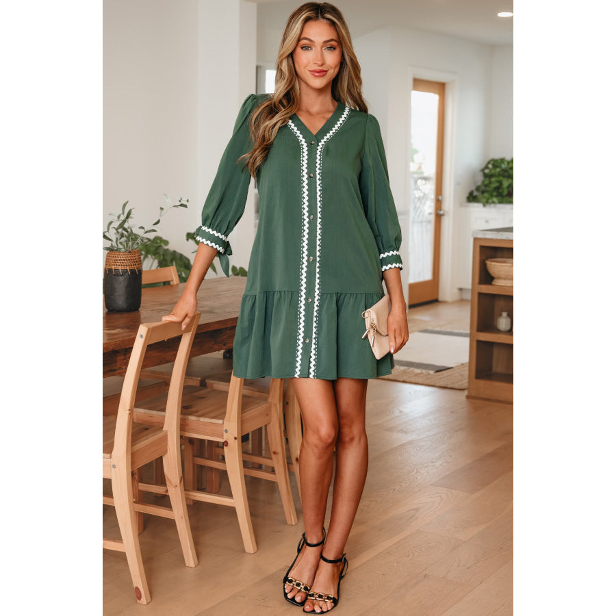 Canton Contrast Ricrac Trim Button V Neck Knotted Bracelet Sleeve Shift Dress Dresses/Mini Dresses