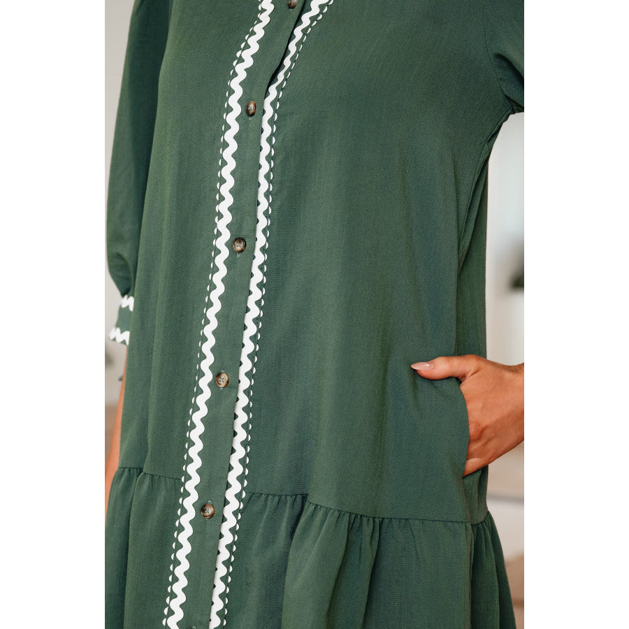 Canton Contrast Ricrac Trim Button V Neck Knotted Bracelet Sleeve Shift Dress Dresses/Mini Dresses
