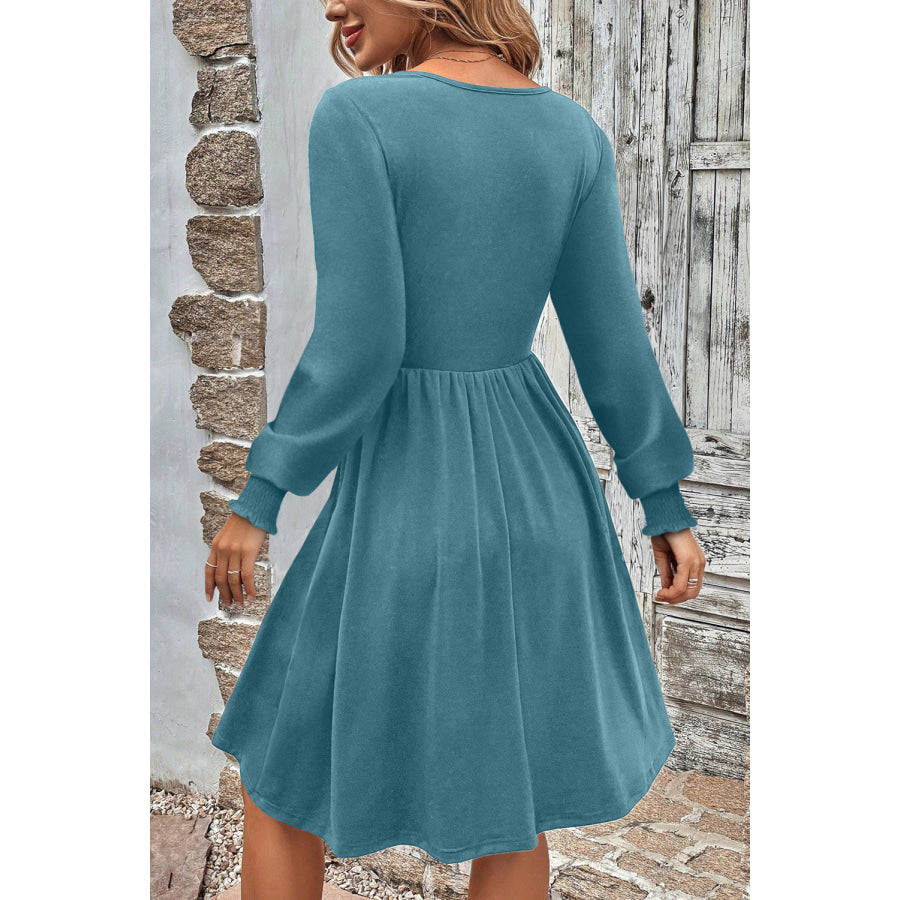 Canton Shirred Cuff Long Sleeve Button Round Neck Mini Dress Dresses/Mini Dresses