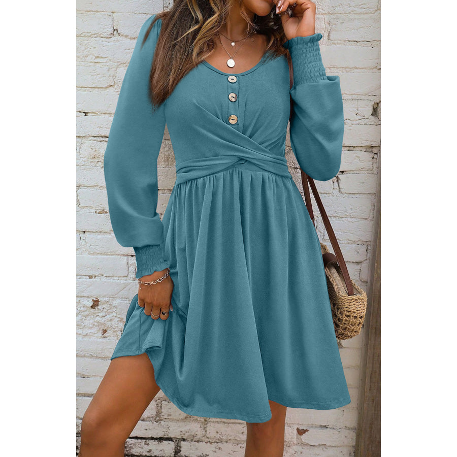Canton Shirred Cuff Long Sleeve Button Round Neck Mini Dress Canton / S / 65% Polyester + 30% Viscose + 5% Elastane Dresses/Mini Dresses