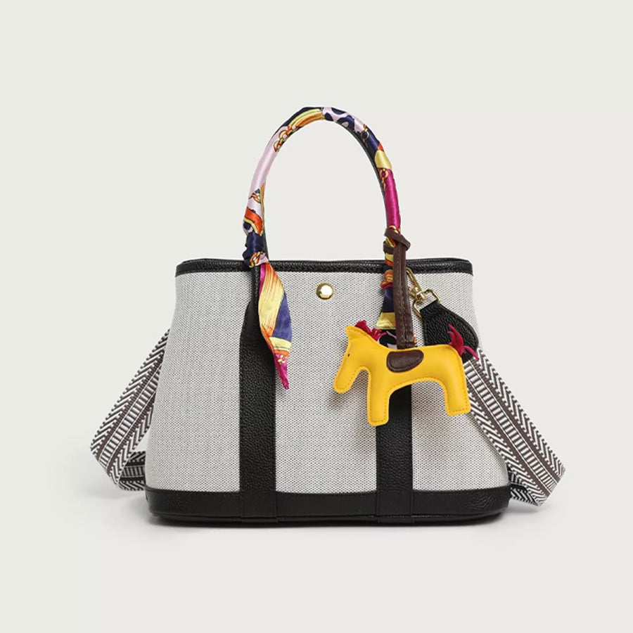 Canvas Handbag with Silk Scarf and Horse Charm Black / onesize Apparel Accessories