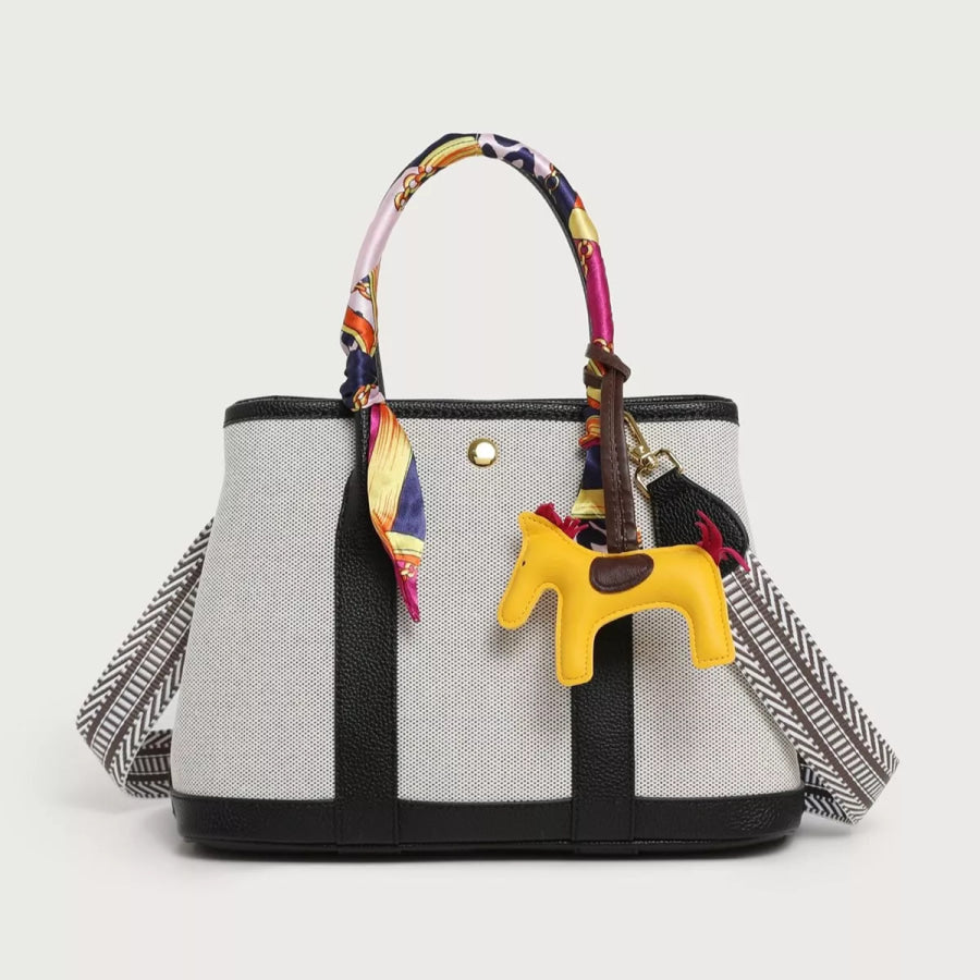 Canvas Handbag with Silk Scarf and Horse Charm Black / onesize Apparel Accessories