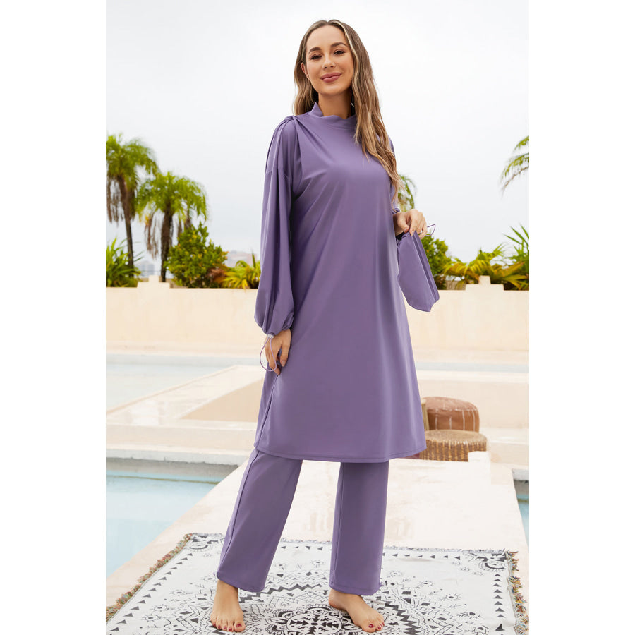 Cap Drawstring Mock Neck Long Sleeve Top and Pants Swim Set Lavender / S Apparel and Accessories