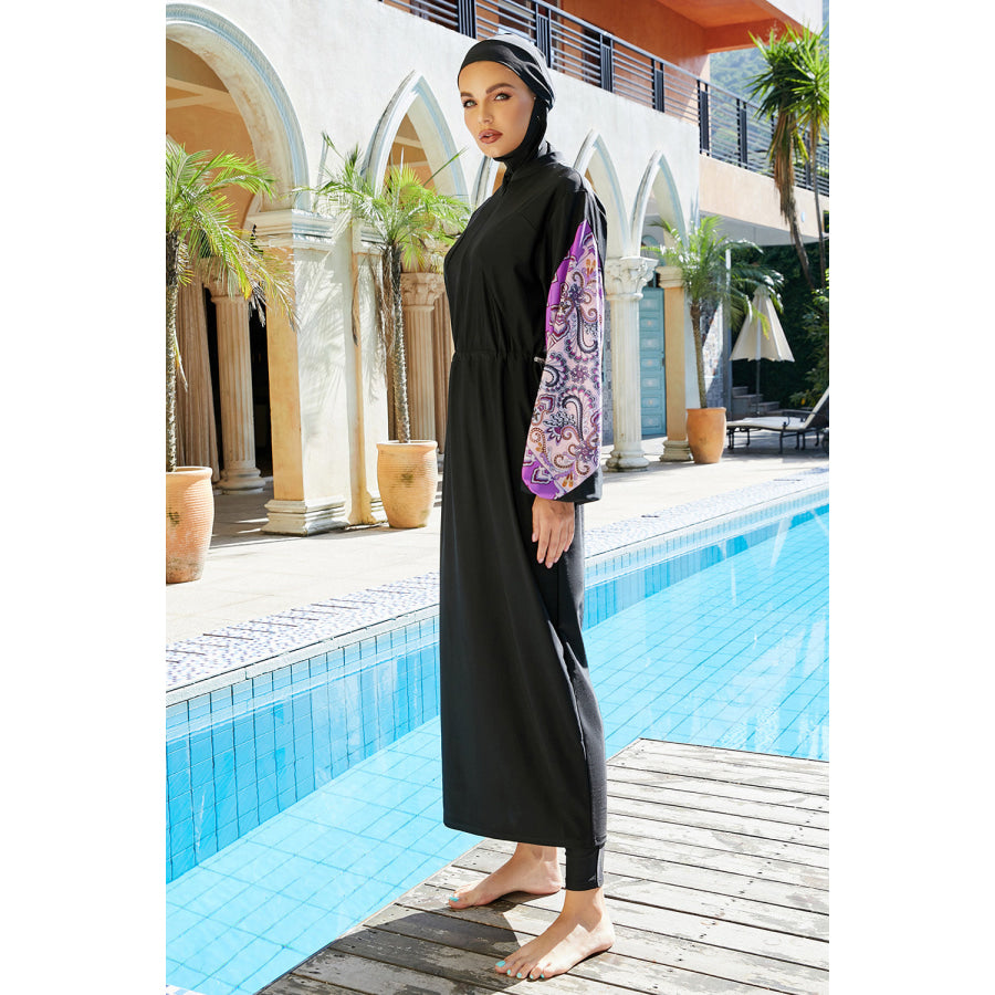 Cap Drawstring Printed Long Sleeve Dress and Pants Swim Set Apparel and Accessories