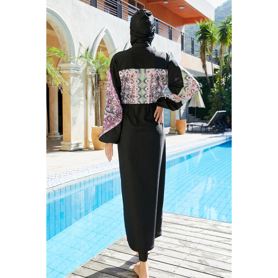 Cap Drawstring Printed Long Sleeve Dress and Pants Swim Set Apparel and Accessories