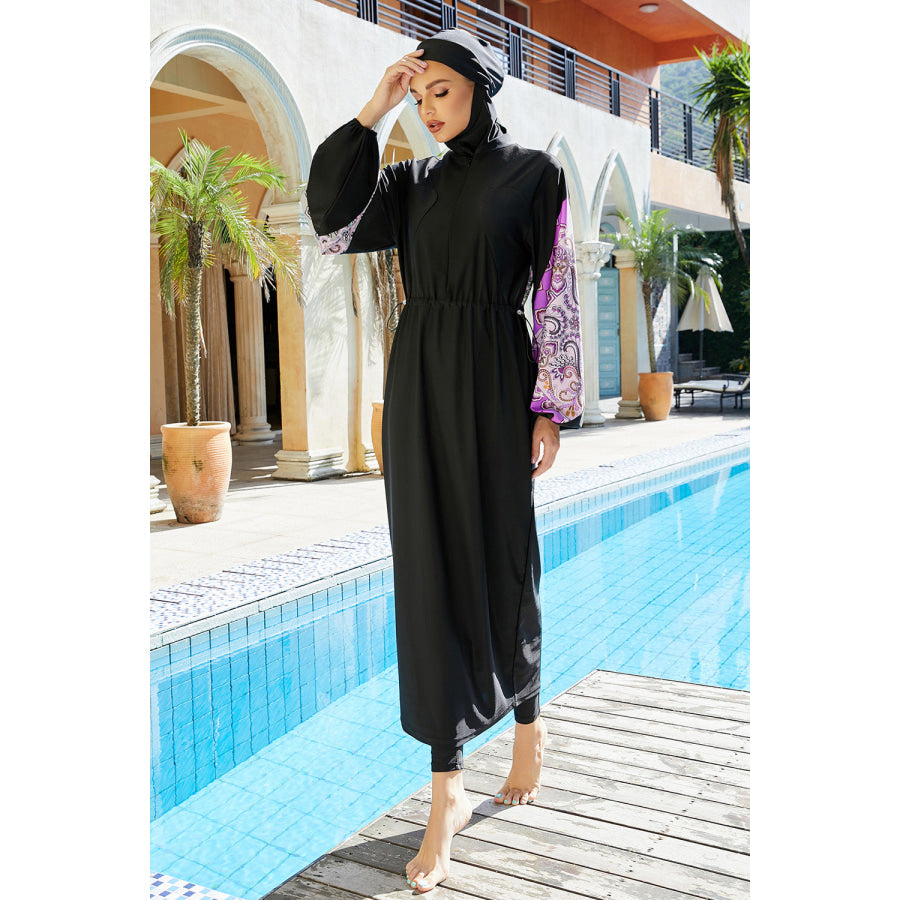 Cap Drawstring Printed Long Sleeve Dress and Pants Swim Set Apparel and Accessories