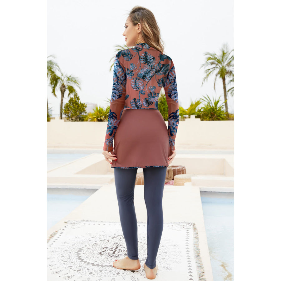 Cap Printed Long Sleeve Swimwear Pants and Mini Skirt Four-Piece Swim Set Apparel and Accessories