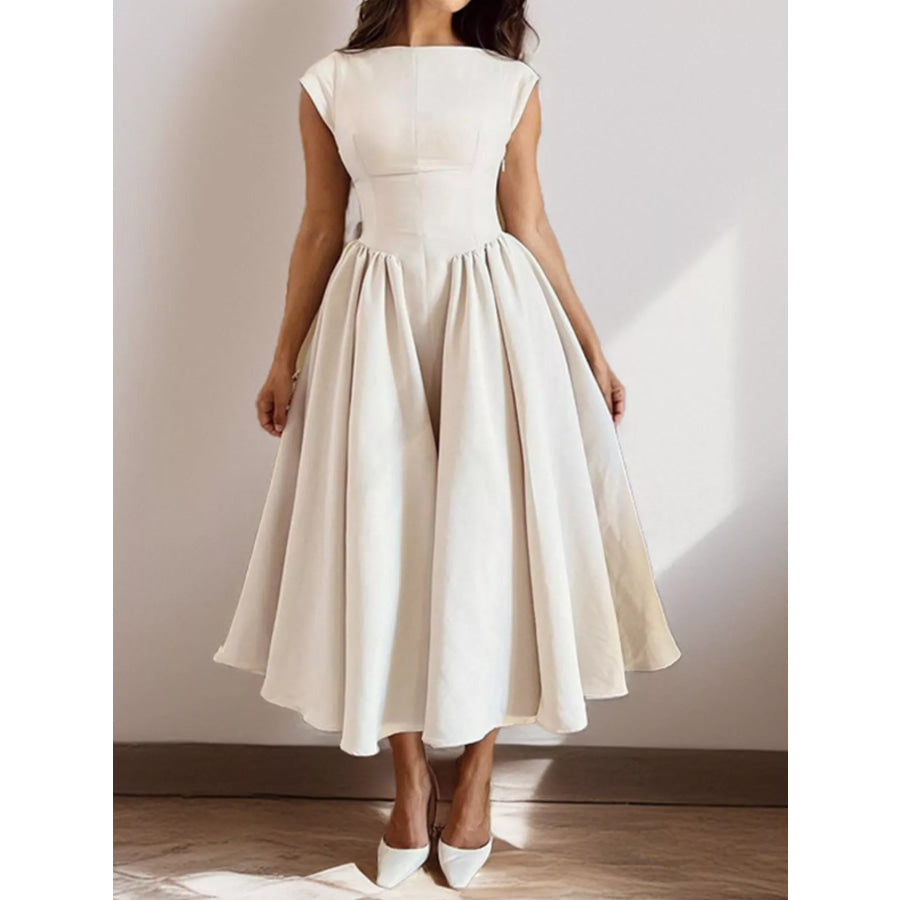 Cap Sleeve A-Line Midi Dress Ivory / S Apparel and Accessories