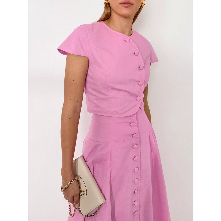 Cap Sleeve Button-Down Crop Top and Midi Skirt Set Apparel and Accessories