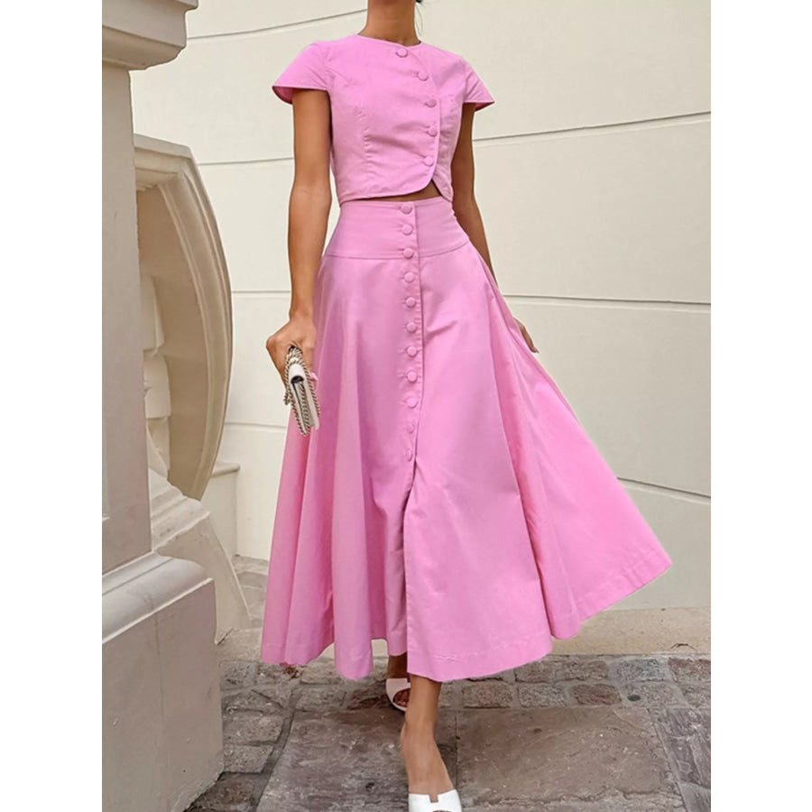 Cap Sleeve Button-Down Crop Top and Midi Skirt Set Apparel and Accessories