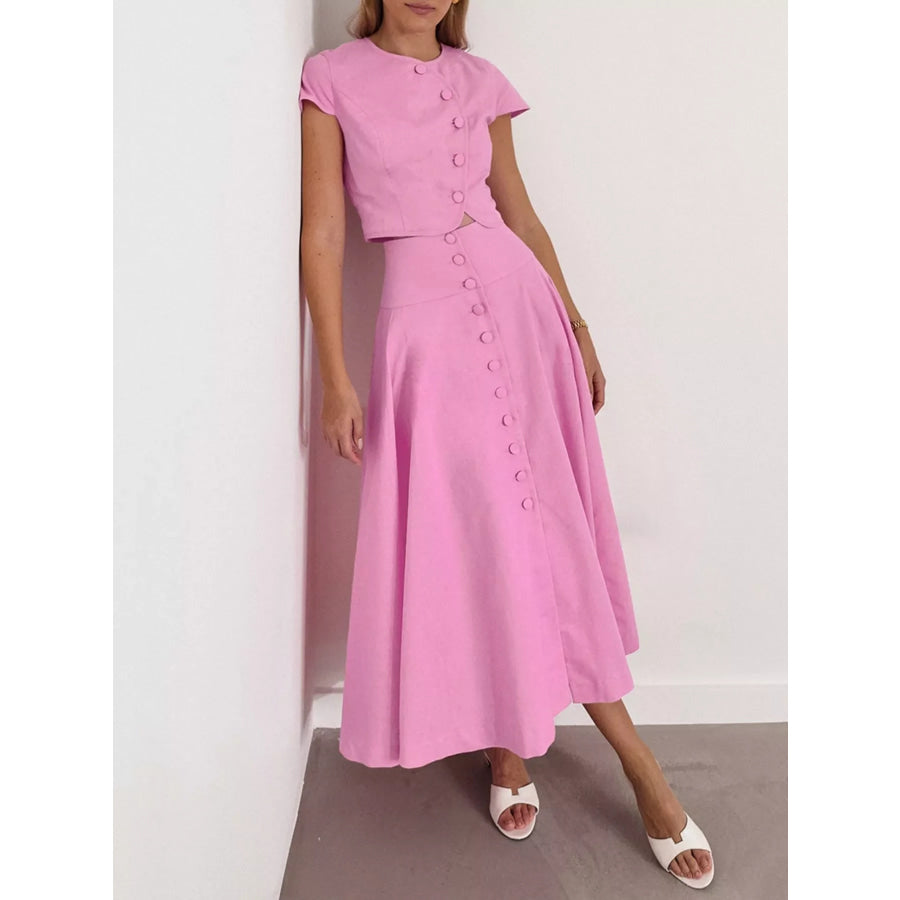 Cap Sleeve Button-Down Crop Top and Midi Skirt Set Apparel and Accessories