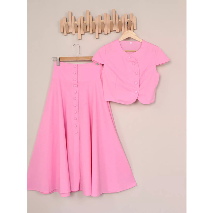 Cap Sleeve Button-Down Crop Top and Midi Skirt Set Apparel and Accessories