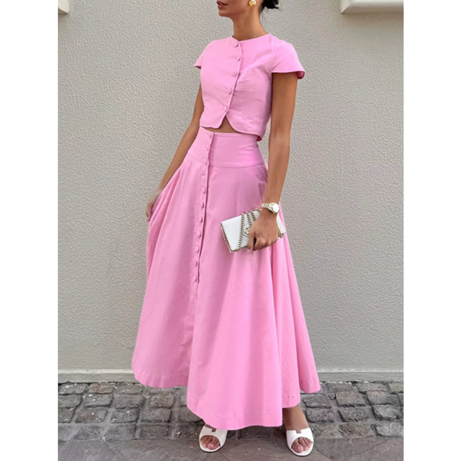 Cap Sleeve Button-Down Crop Top and Midi Skirt Set Apparel and Accessories