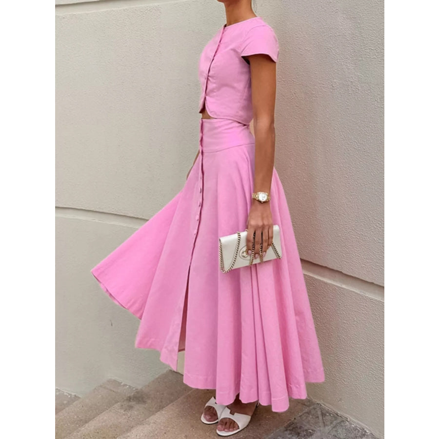 Cap Sleeve Button-Down Crop Top and Midi Skirt Set Apparel and Accessories