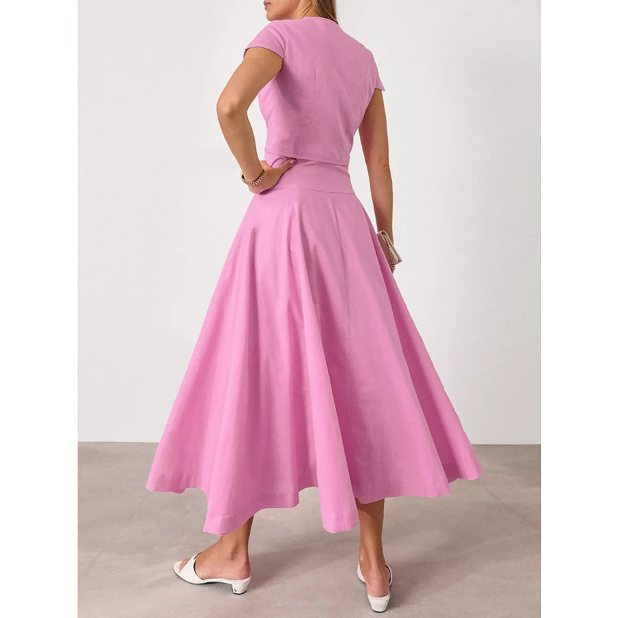 Cap Sleeve Button-Down Crop Top and Midi Skirt Set Apparel and Accessories