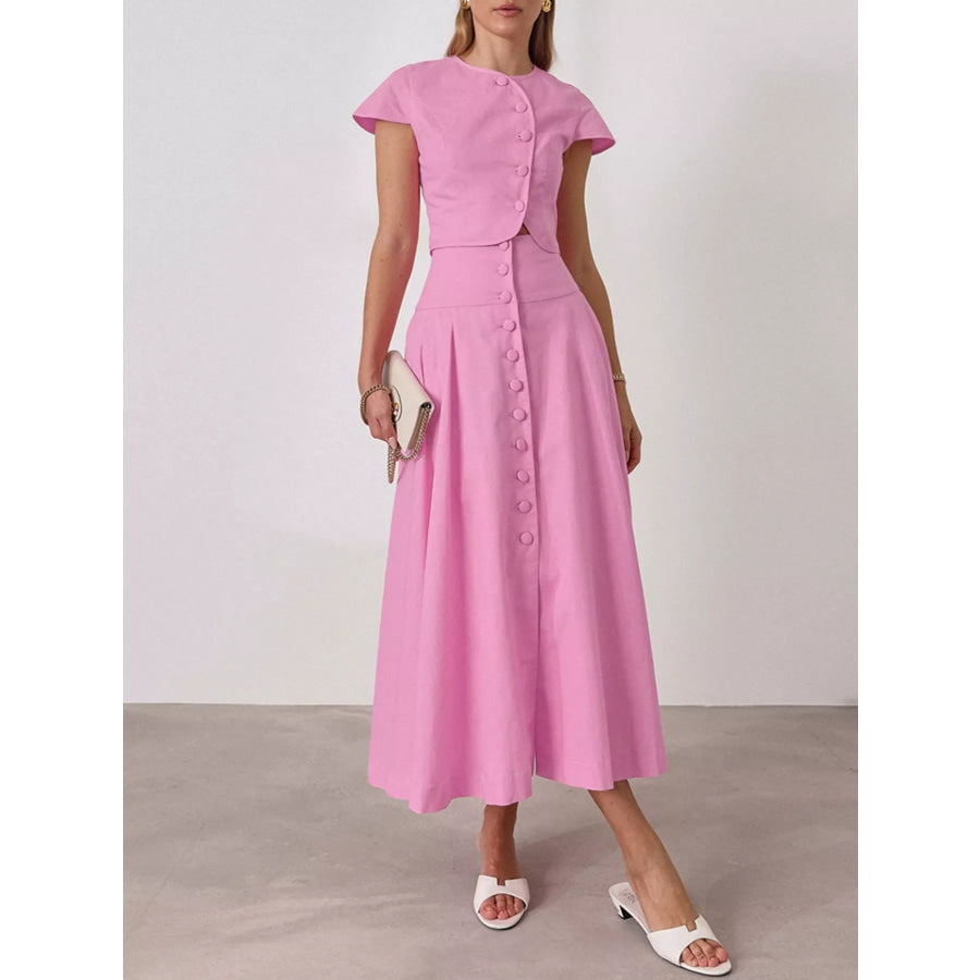 Cap Sleeve Button-Down Crop Top and Midi Skirt Set Apparel and Accessories