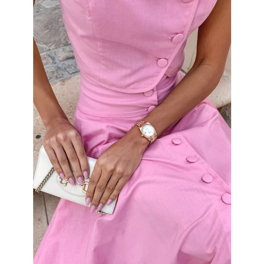 Cap Sleeve Button-Down Crop Top and Midi Skirt Set Apparel and Accessories