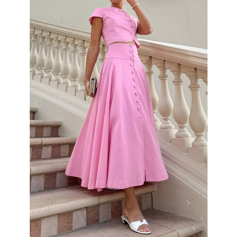 Cap Sleeve Button-Down Crop Top and Midi Skirt Set Apparel and Accessories