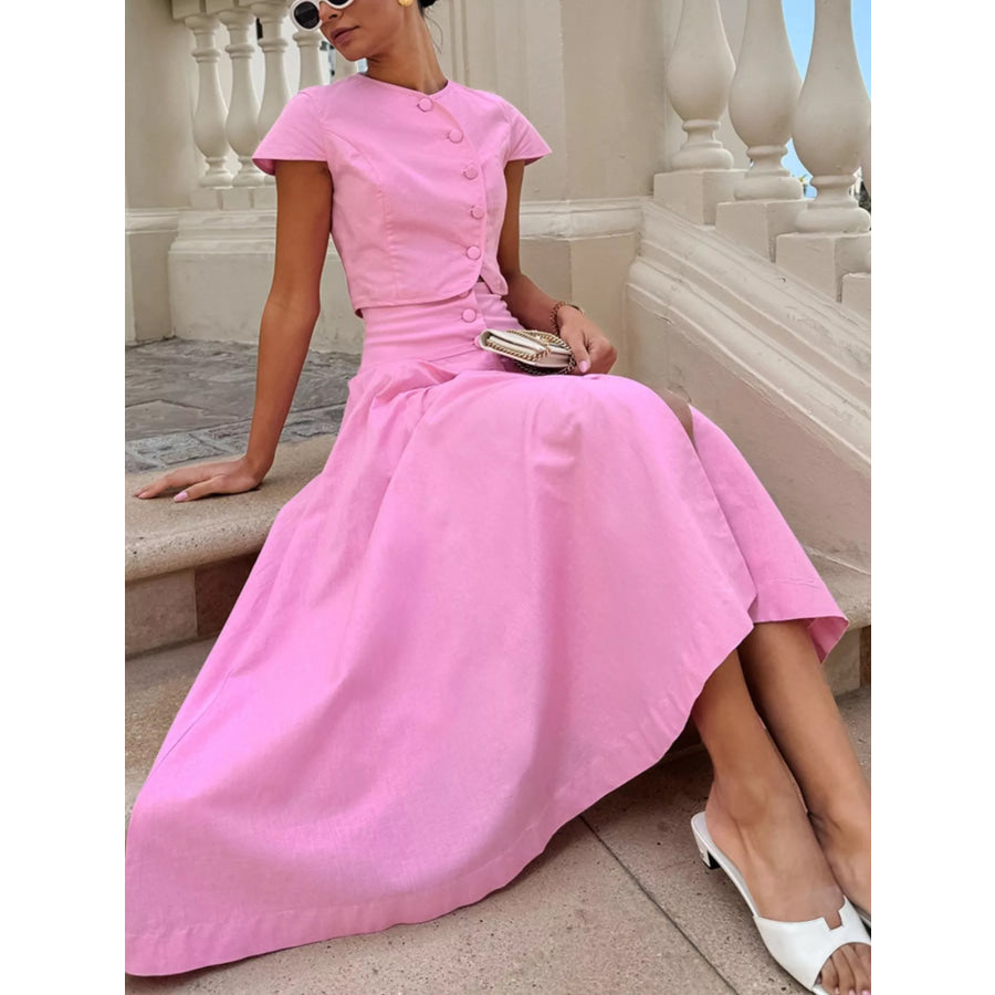 Cap Sleeve Button-Down Crop Top and Midi Skirt Set Apparel and Accessories