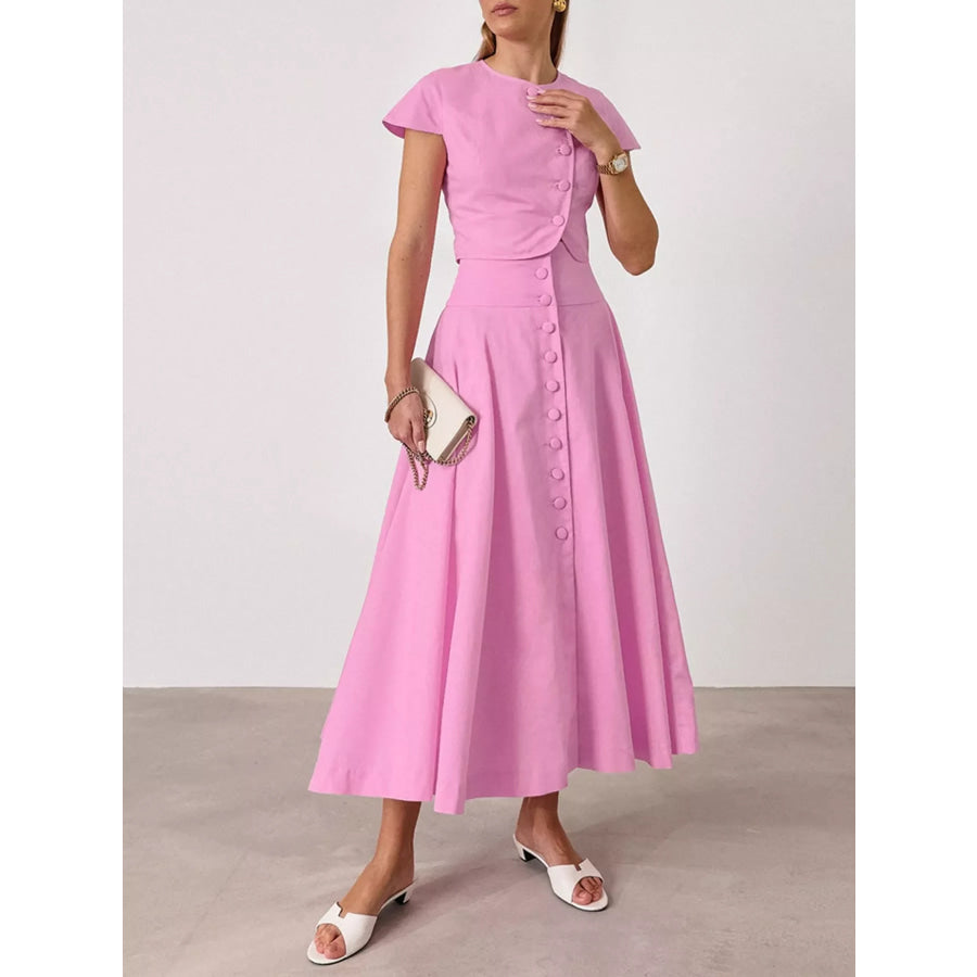 Cap Sleeve Button-Down Crop Top and Midi Skirt Set Apparel and Accessories