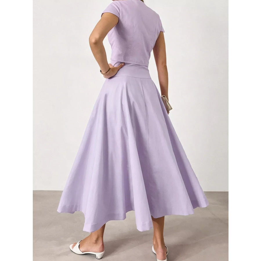 Cap Sleeve Button-Down Crop Top and Midi Skirt Set Apparel and Accessories