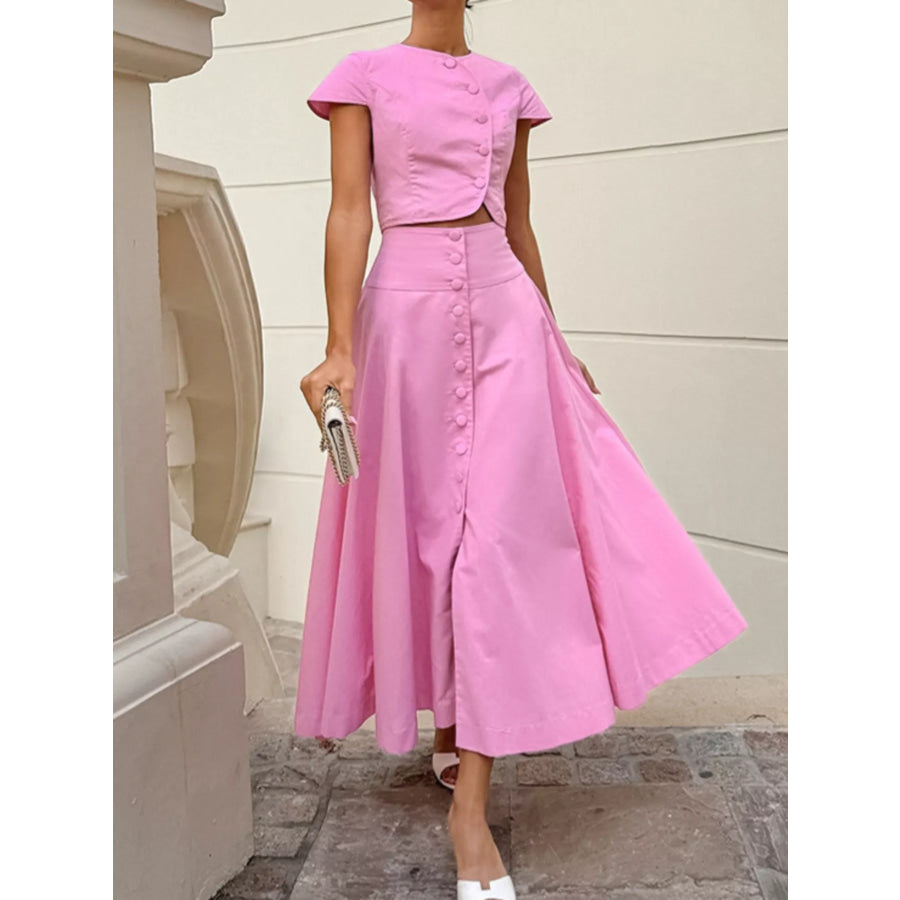 Cap Sleeve Button-Down Crop Top and Midi Skirt Set Apparel and Accessories