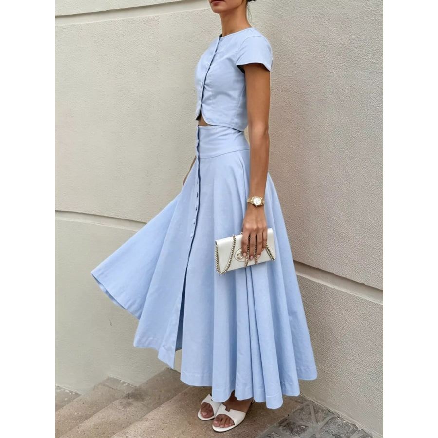 Cap Sleeve Button-Down Crop Top and Midi Skirt Set Apparel and Accessories