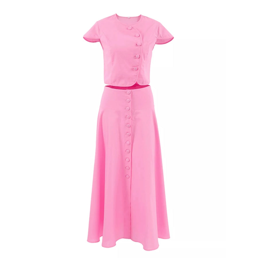 Cap Sleeve Button-Down Crop Top and Midi Skirt Set Apparel and Accessories