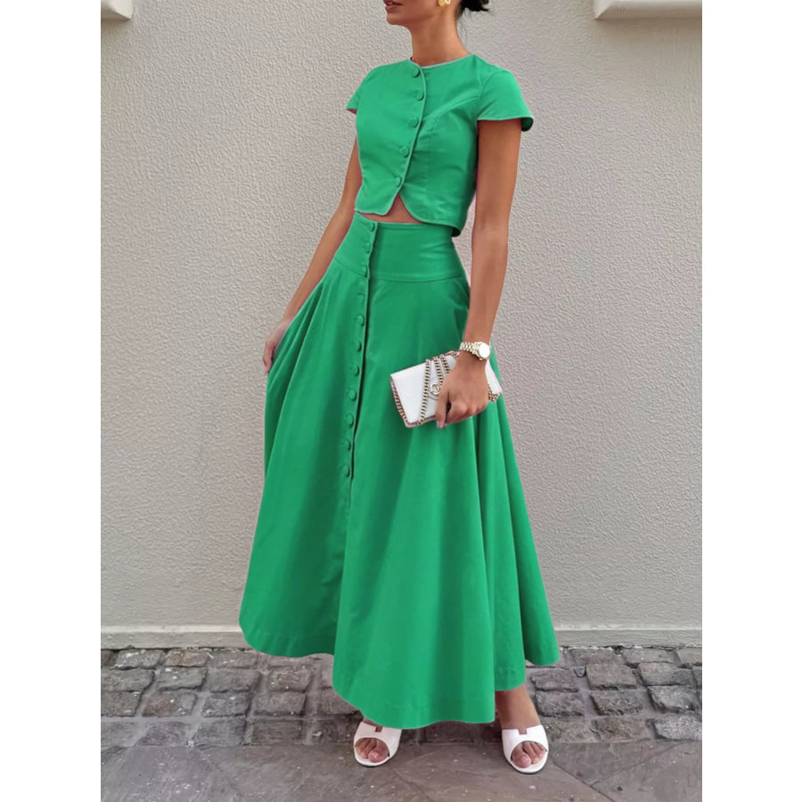 Cap Sleeve Button-Down Crop Top and Midi Skirt Set Apparel and Accessories